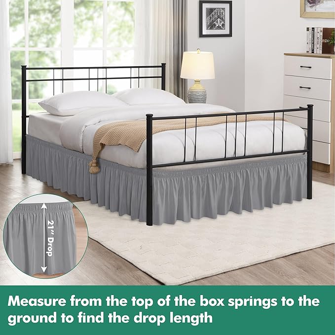 Biscaynebay Wrap Around Bed Skirts with Split Corners for Queen Beds 21" Drop, Silver Grey Elastic Dust Ruffles Easy Fit Wrinkle & Fade Resistant Silky Luxurious Fabric Solid Machine Washable