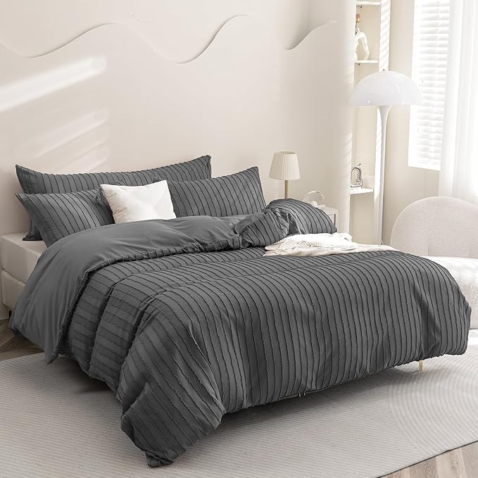 JELLYMONI Duvet Cover Full Size Dark Grey - 3PCS Boho Striped Duvet Cover Set Polyester Tufted Bohemian Textured Comforter Cover 80×90in with Corner Ties & Zipper and 2 Pillowcases