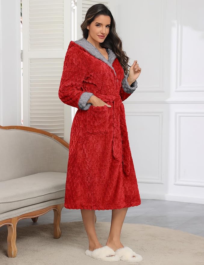 Ekouaer Womens Plush Robes Long Soft Jacquard Fluffy Bathrobe Hooded Robe Sleepwear with Pockets