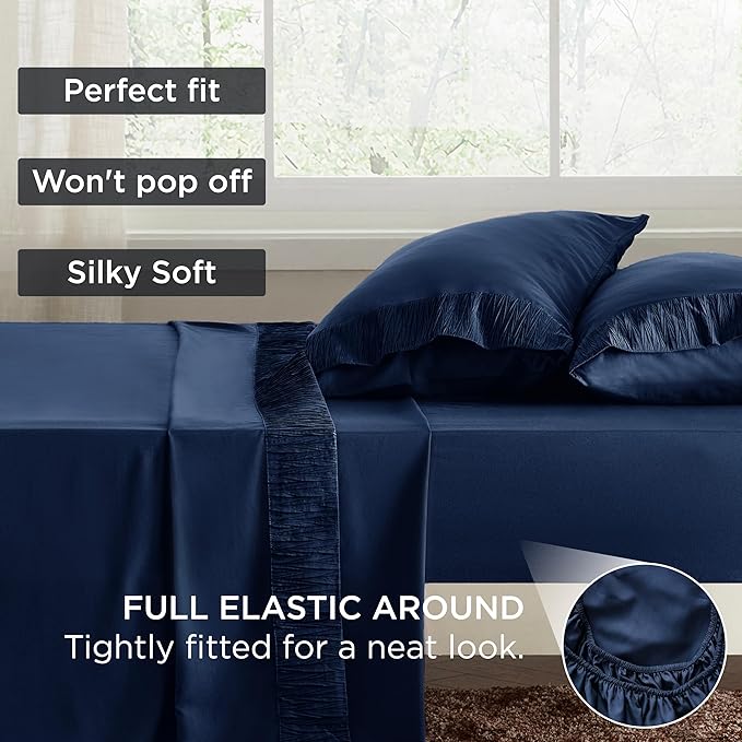 Bedsure California King Sheets Navy - Soft Sheets for California King Size Bed, 4 Pieces Hotel Luxury California King Sheet Sets, Easy Care Polyester Microfiber Cooling Bed Sheet Set