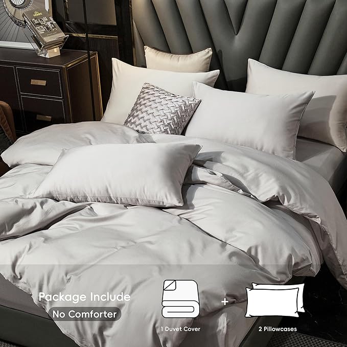 MooMee Duvet Cover Set 100% Extra Long Staple Cotton 600 Thread Count Silky Sateen Smooth Luxury Soft Breathable Durable Hotel Quality Bedding, 3 Pieces (Silver Gray, Queen 90"x90")
