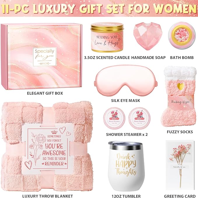 Christmas Birthday Gifts for Women, Self Care Get Well Soon Gift Baskets for Women, Rose Relaxing Spa Gifts Care Package w/ Luxury Blanket, Unique Gift Ideas for Mom Her Wife Girlfriend Friend Sister