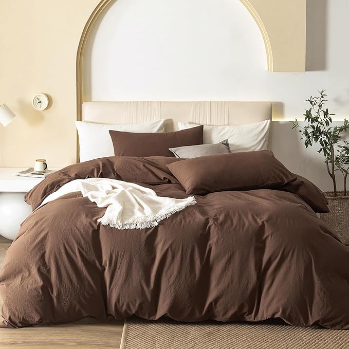 JIYUAN 100% Washed Cotton Duvet Cover Set 3 PCS Oversized King Plus, 1 Duvet Cover 128"x120"(Comforter Not Included) and 2 Pillowcases,Linen Feel Bedding Set Comfy and Breathable,Chocolate Brown