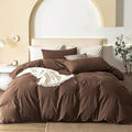 JIYUAN 100% Washed Cotton Duvet Cover Set 2 Pieces Twin, 1 Duvet Cover 68x90 Inches(Comforter Not Included) and 1 Pillowcases,Linen Feel Bedding Set Comfy and Breathable,Chocolate Brown