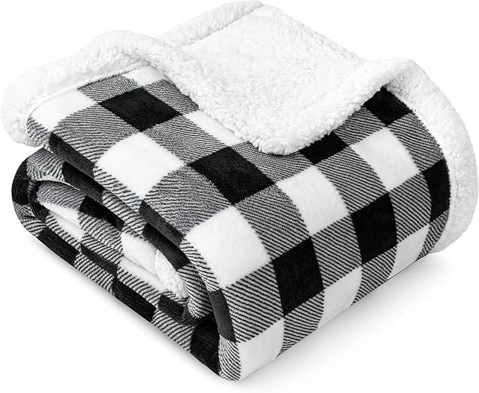 Pavilia Black White Buffalo Plaid Sherpa Bed Blanket Queen, Plush Checkered Fleece, Soft Fuzzy Flannel Large for Couch Sofa, Warm Heavy Thick Winter Gift, 90x90