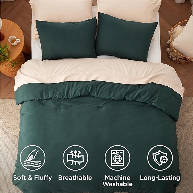 Bedsure Queen Size Comforter Set, Forest Green Soft Prewashed Bedding for All Seasons, 3 Pieces GentleSoft™ Down Alternative Bed Set, 1 Lightweight Comforter (90"x90") and 2 Pillowcases (20"x26")