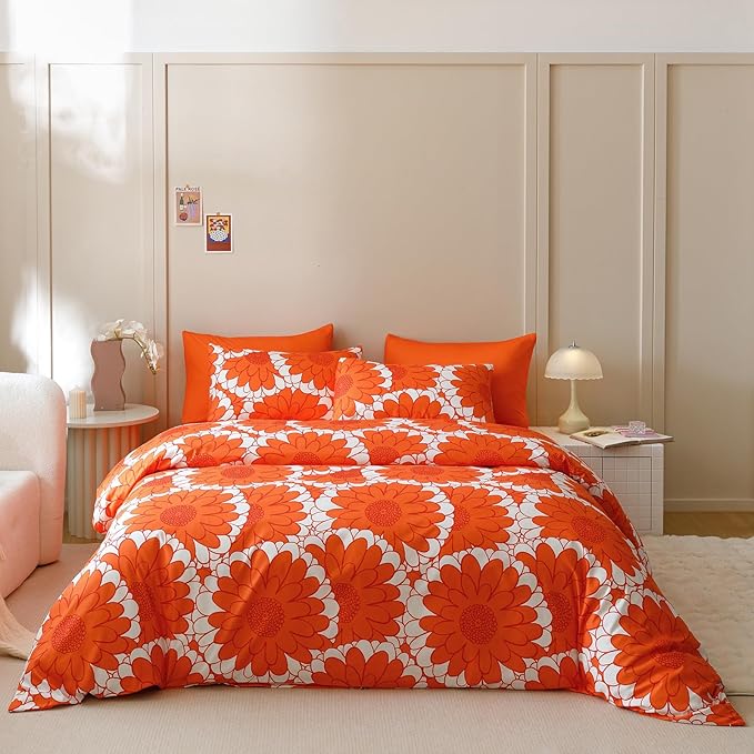 KAREVER Orange Sunflower Comforter Set King Size Orange Sunflower Bedding Set 3 PCs Comforter Set King Size Fluffy Linen Comforter Sets