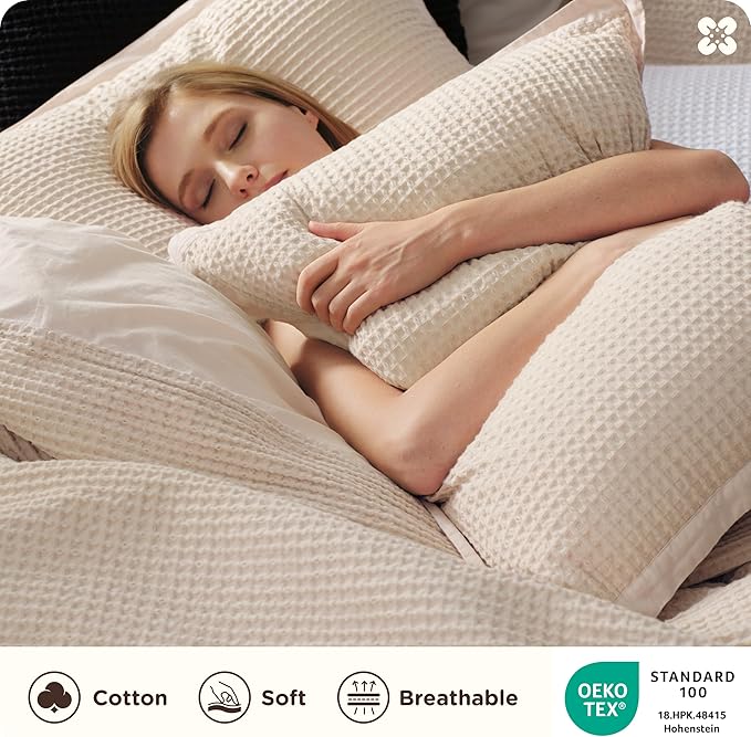 Bedsure Cotton Duvet Cover Set - 100% Cotton Waffle Weave Beige Duvet Cover Oversized Queen Size, GentleSoft™ and Breathable Bedding Set for All Season, 3 Pieces, 98"x98"