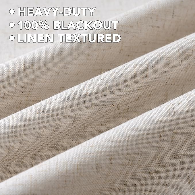 H.VERSAILTEX Linen Curtains 100% Blackout Curtains for Bedroom 84 inch Long Full Light Blocking Nature Linen Blended Window Curtains for Living Room Nickel Grommet (2 Panels, Heathered Natural)