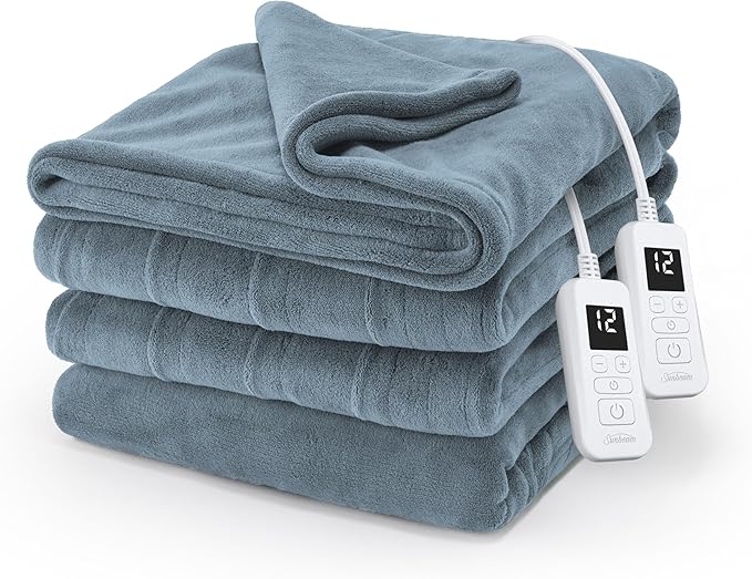 Sunbeam Electric Royal Luxe Microplush Heated Blanket, 12 Heat Settings, 12-Hour Auto Shut-Off, Fast Heating, Warm and Cozy, Cadet Blue Color, Queen (90" x 84")