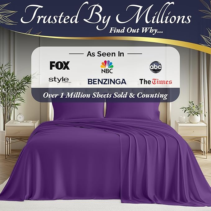 DECOLURE 100% Viscose Derived from Bamboo Sheets Full Size 4pcs - Ultra Soft & Luxuriously Cooling, 17" Deep Pocket, Double Stitching, Perfect for Hot Sleepers - Full Bed Sheets (Purple)
