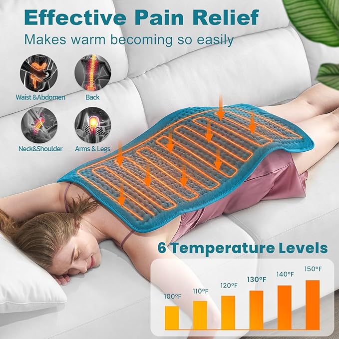 Heating Pad for Back Pain and Cramp Relief, Extra Large 17" x 33" Size Electric Heating Pad for Shoulder Neck Pain with 6 Temperature Level and 6 Timer Settings Auto Shut Off