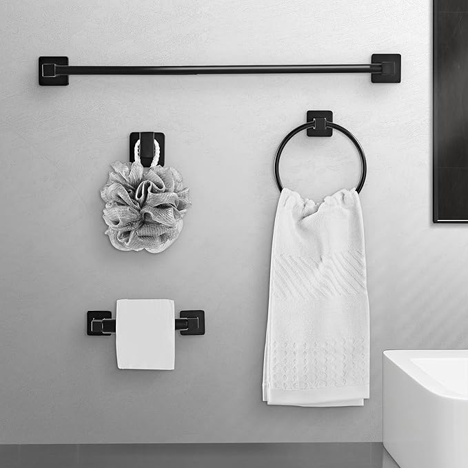 Matte Black Bathroom Hardware Set 8 Pieces,Towel Bar Set Stainless Steel Wall Mounted, Includes 23.6In Hand Towel Bar, Towel Ring, Robe Towel Hooks,Toilet Paper Holder, Bathroom Towel Rack Set