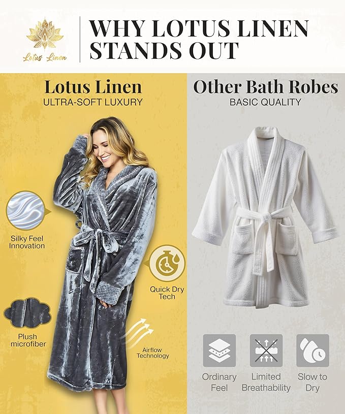 Lotus Linen Plush Robes for Women - Soft Bathrobe, Custom Monogram, Warm Fleece Robe with Pockets
