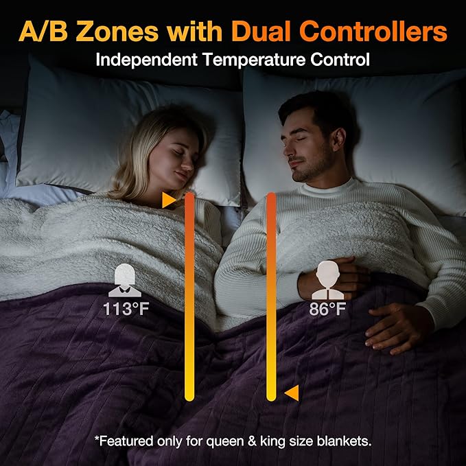 WOOMER Heated Blanket Queen Size,Durable Flannel and Soft Sherpa,Dual Control,84” × 90” Electric Blanket, 10 Heat Levels&0.5-12h auto-Off, Overheat Protection,Energy Efficient