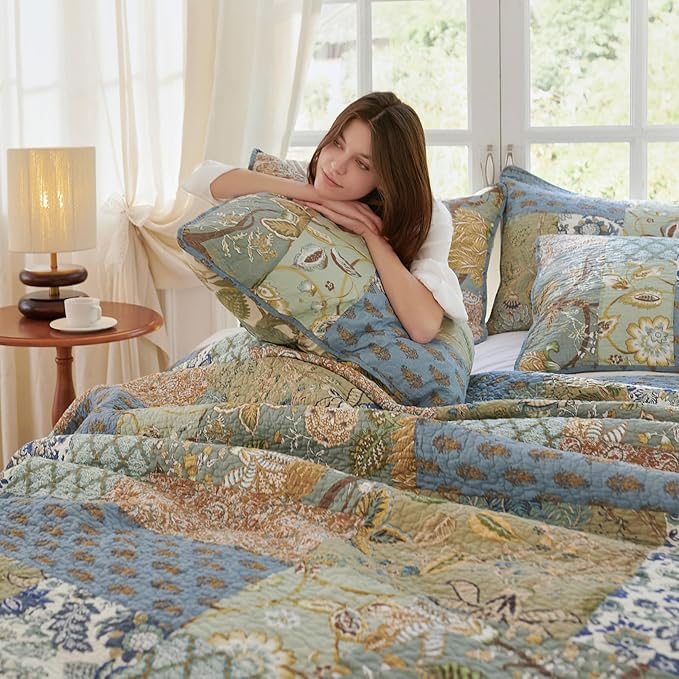 Secgo California King Quilt Size - 100% Cotton Oversized California Comforter Set Green Bedding Sets (120 * 110 Inch) with 2 Pillow Shams, Patchwork Reversible Lightweight Bedspread