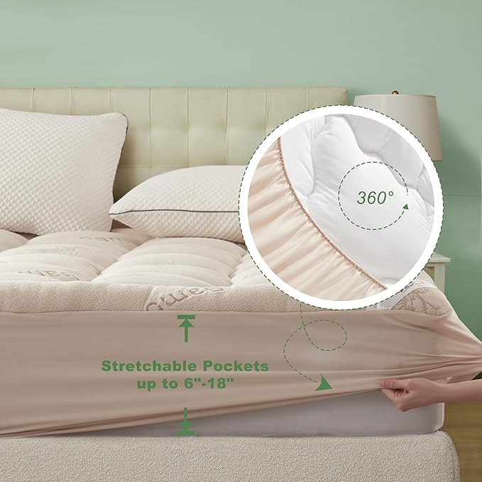 BEDLORE Queen Mattress Topper Viscose Derived from Bamboo, Thick Pillow Top Mattress Pad with Stretchable Pockets for 6-18 inches Mattress, Soft Mattress Topper for Back Pain Relief(Beige)