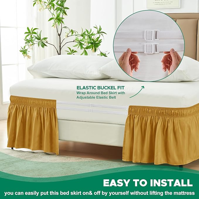 Biscaynebay Wrap Around Bed Skirts for King & Cal King Beds 14" Drop, Christmas Gold Adjustable Elastic Dust Ruffles Easy Fit Wrinkle Resistant Silky Luxurious Fabric Machine Washable