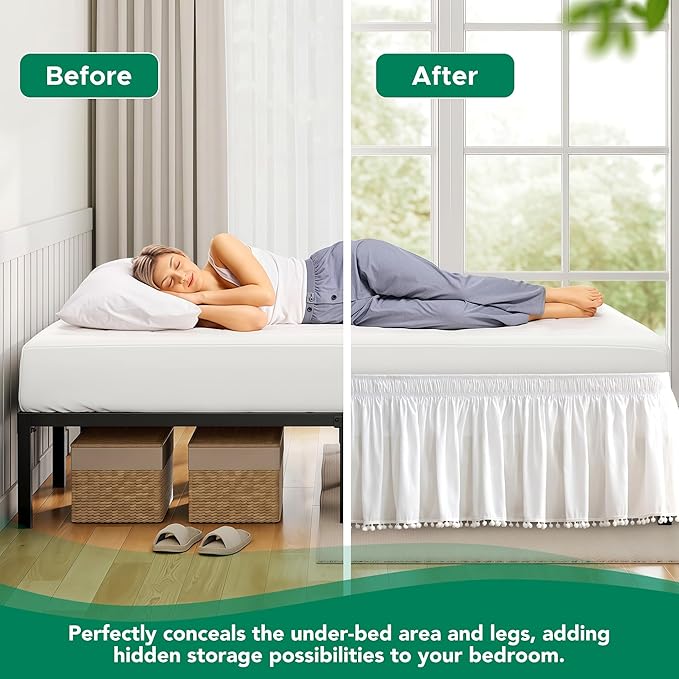 Biscaynebay Queen Bed Skirt 15 inch Drop-White Dust Ruffle Bedskirt with Pompoms-Wrap Around Bed Skirting Easy Fit Elastic Strap-Silky Luxurious Fabric Wrinkle Free-for Women Men Kids