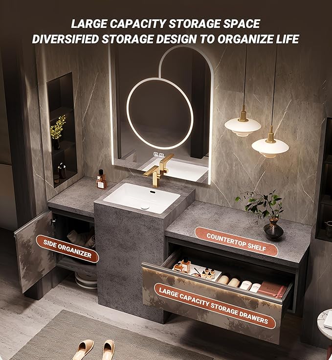 Single Sink Freestanding Bath Vanity, Modern Bath Vanity with LED Smart Mirror, 52IN Solid Wood Floating Bathroom Sink Cabinet with Marble Slate Top and Large Storage Drawer