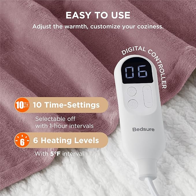 Bedsure Electric Blanket Full Size - Soft Flannel Heated Blanket, Fast Heating with 10 Time Settings & 6 Heat Settings, Warm Gift for Grandma (72x84 inches, Woodrose)
