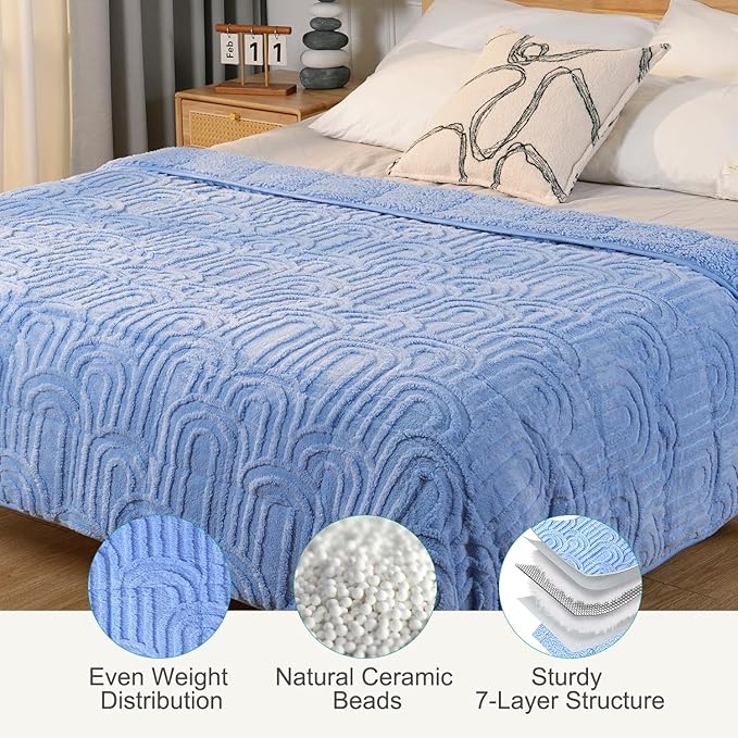 Sherpa Fleece Adult Weighted Blanket Great for Sleep, 15 lbs Dual Sided Soft Fuzzy Heavy Blankets for Couch Bed Sofa, Cozy Warm Fluffy Arched Jacquard Throw for Winter (Blue, 60" x 80", 15 Pounds)