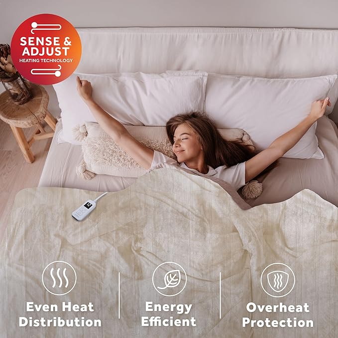Sunbeam Electric Royal Posh Velvet Heated Blanket, 12 Heat Settings, 12-Hour Selectable Auto Shut-Off, Fast Heating, Warm and Lush, Champagne Color, Full, 84" x 72"