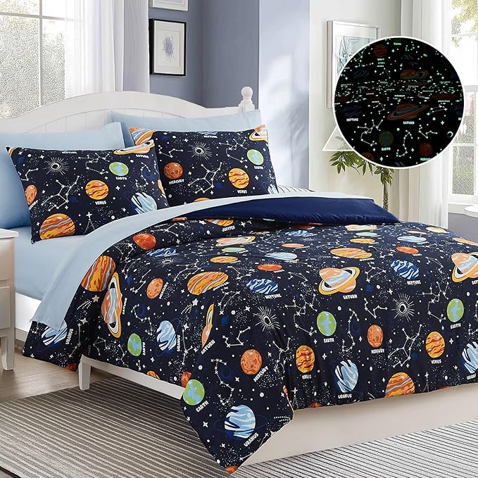 Full Size Comforter Set for Boys-7 Pieces Space Glow in The Dark Full Bedding Sets for Kids, Ultra Soft Bed in A Bag with Sheets