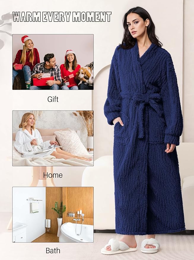 Artfasion Womens Long Fleece Robe - Warm Soft Floor Length Flannel Bathrobes for Winter Thicker Long House Coat with Pockets