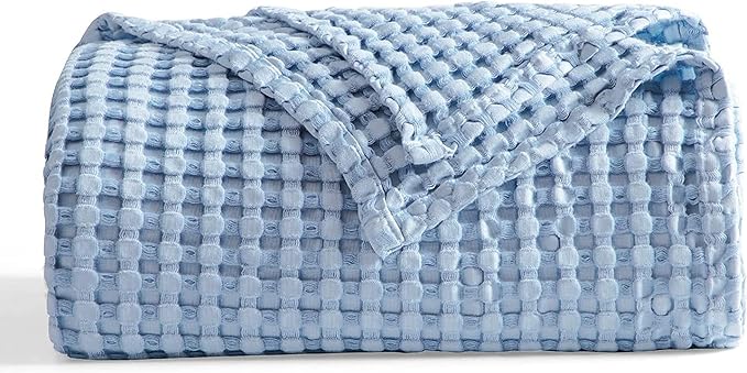 Bedsure Cooling Cotton Waffle King Size Blanket - Lightweight Breathable Blanket of Rayon Derived from Bamboo for Hot Sleepers, Luxury Throws for Bed, Couch and Sofa, Sky Blue, 104x90 Inches