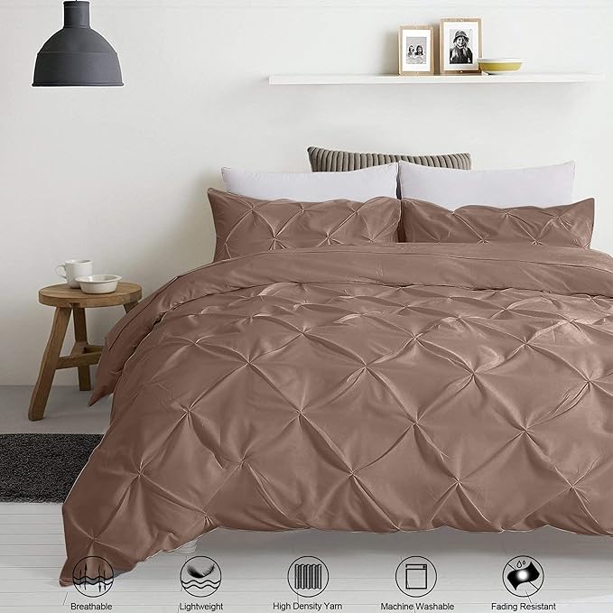 Pinch Pleated Duvet Cover Set 100% Cotton 3PC Super King Plus Size 120x120 Duvet Cover Set, Decorative Pinch Design Taupe Duvet Cover with Matching Pillow Case