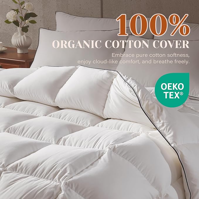 Goose Feather Down Fiber Cotton Comforter Oversize Queen Size, Ultra-Soft Duvet Insert, Hotel Collection White Quilted Comforter, All Season Bedding Comforter with 8 Corner Loops, 98x96 Inch