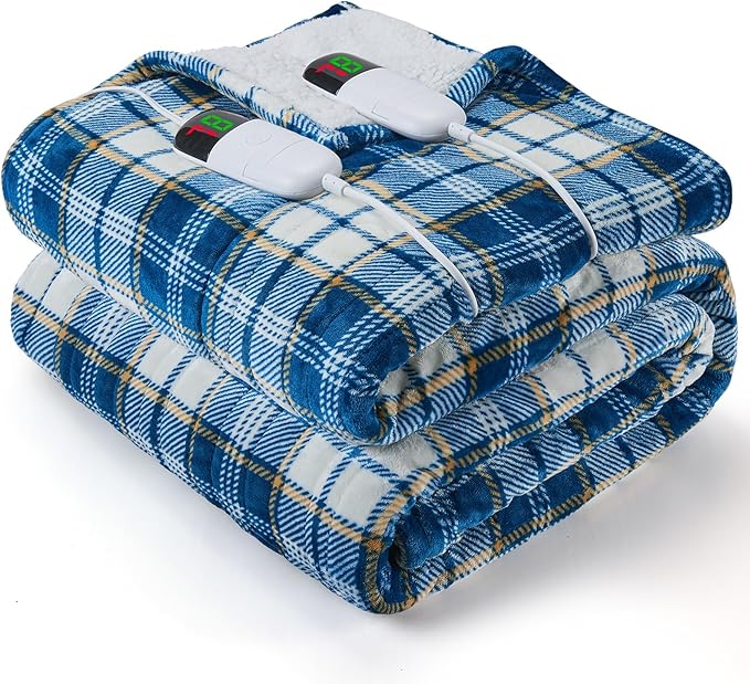 Electric Heated Blanket King Size, 90X100 Heating Blanket King With Dual Control&10 Heats Levels&Timer For Bed,Large Navy Blue Plaid Sherpa Blankets Warmer Gifts for Grandma Women Adults, Washable