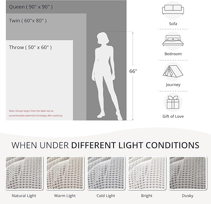 EGOHOME 100% Cotton Queen Size Blankets for Bed,Soft Jacquard Waffle Weave Blanket,Lightweight and Breathable Unique Dual-Tone Texture Cotton Blanket for All Seasons-Sleet Grey,90 x 90 Inches