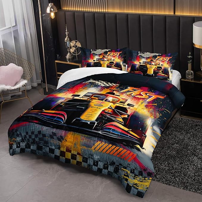 F1 Race Car Comforter Set Queen for Boys，Boys Queen Size Bedding Set Race Car，with 1 Comforter with 2 Pillow Case，F1 Race Car Themed Bedroom Decor