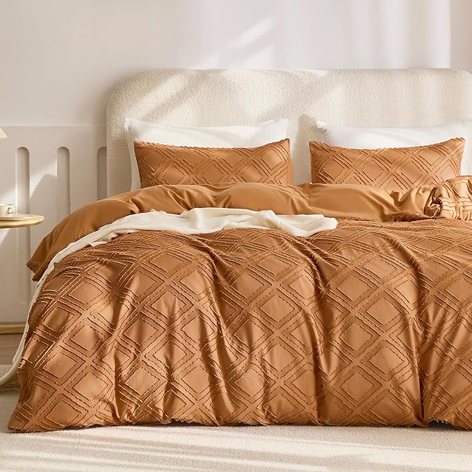 JELLYMONI Duvet Cover Full Size Rust - 3PCS Boho Duvet Cover Set Plaid Polyester Tufted Bohemian Jacquard Knit Textured Comforter Cover 80×90in Rhombic Geometric Pattern Corner Ties & Zipper