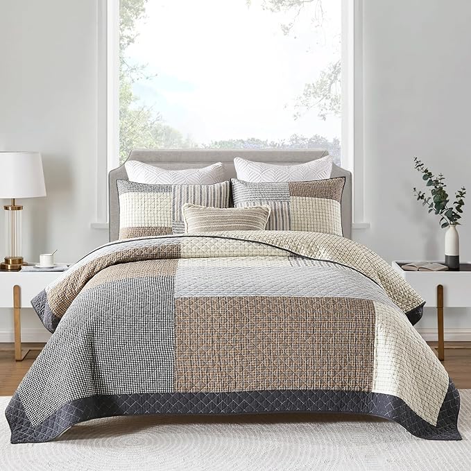 Uniclinens Quilt Set King Size, 100% Cotton Quilted Quilt Bedding Set Bedspread, Real Patchwork Plaid Quilt, Lightweight Quilted Comforter Set, 3 Pieces Set with 2 Pillowshams, Brown/Beige/Gray