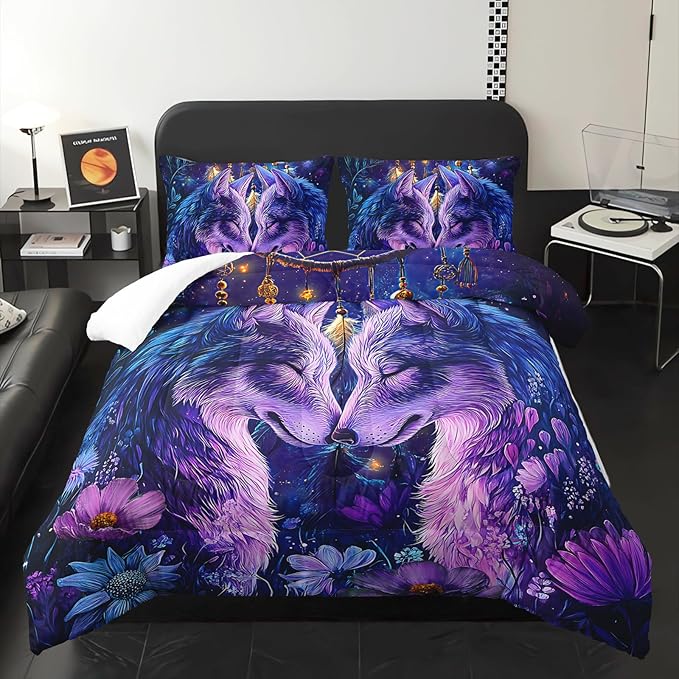Purple Wolf Bedding Comforter Set Queen Size，Dreamcatcher Flower Quilt Bedding Set Queen，with 1 Comforter with 2 Pillow Case，Wolf Bedroom Decor for Kids Girls Boy