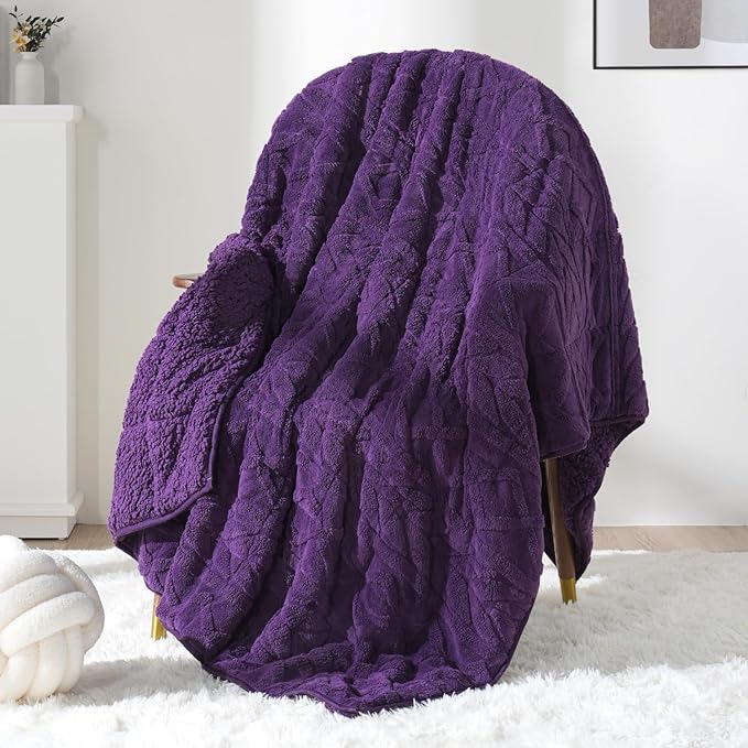 Sivio Weighted Blanket Queen Size 15 lbs for Adults, Sherpa Fleece Weighted Blanket Jacquard Heavy Blanket for Sleeping, Reversible Super Soft Warm Cozy Fluffy Blanket for Adult, 60 x 80inch, Purple