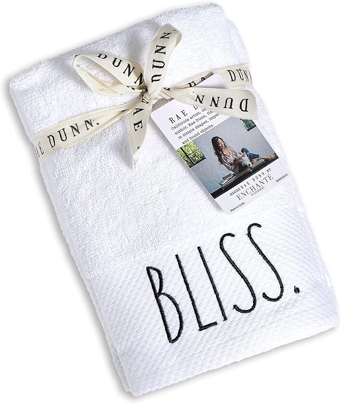Rae Dunn Hand Towels, Embroidered Decorative Hand Towel for Kitchen and Bathroom, 100% Cotton, White- Fresh/Clean/Calm/Bliss, 16"x 28"