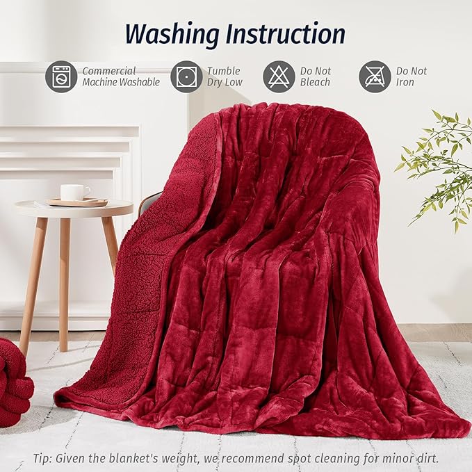 Wemore Sherpa Fleece Weighted Blanket for Adult, 15 lbs Dual Sided Cozy Fluffy Heavy Blanket, Ultra Fuzzy Throw Blanket with Soft Plush Flannel Top, 60 x 80 inches for Queen Burgundy on Both Sides