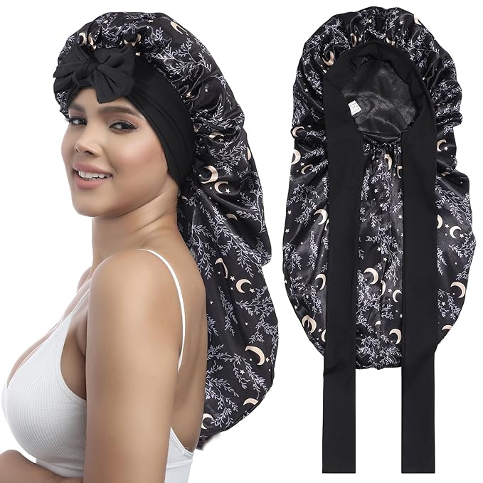 AWAYTR Long Satin Bonnet for Women - Double Layer Elastic Silk Bonnet for Braids Hair Sleeping Cap with Tie Band (Star and Moon+Black)