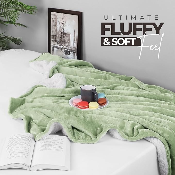 Utopia Bedding Sherpa Blanket King Size (Sage Green, 90x102 Inches) - Soft Lightweight Plush Fleece Reversible Blanket for Bed, Sofa, Couch, Camping and Travel