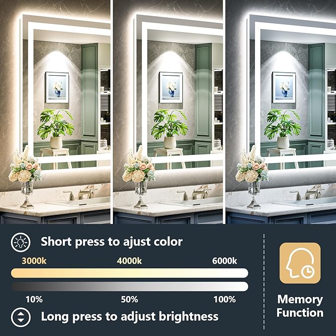 32x36 Inch LED Bathroom Mirror with Lights Front and Backlit Lighted Vanity Mirror for Bathroom Wall with 3 Colors Dimmable Anti-Fog Memory Shatter-Proof IP54 Waterproof Horizontal/Vertical
