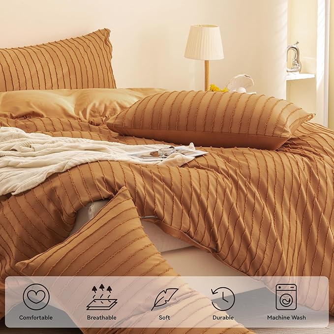 JELLYMONI Duvet Cover King Size Rust - 3PCS Boho Striped Duvet Cover Set Polyester Tufted Bohemian Textured Comforter Cover 104×90in with Corner Ties & Zipper and 2 Pillowcases