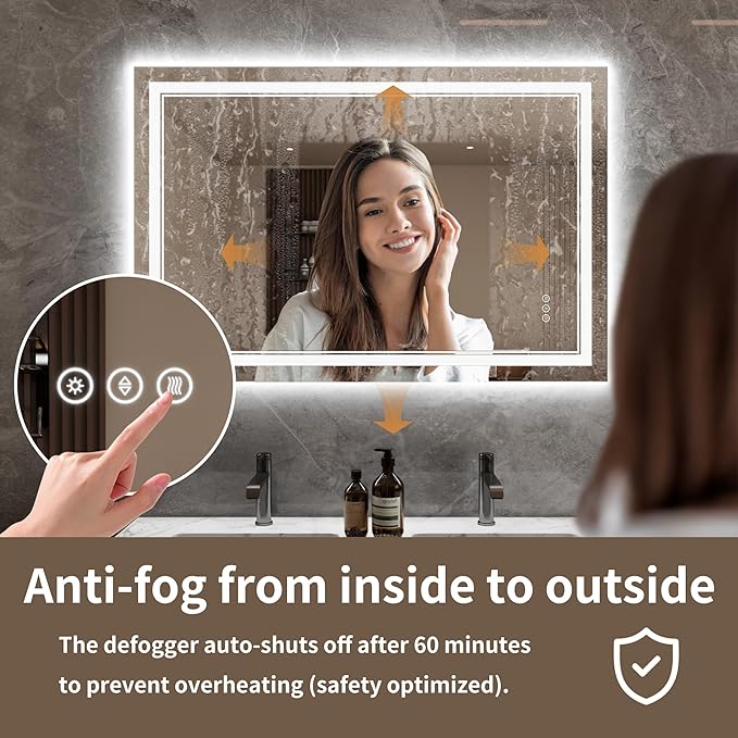 Bathroom Mirror with Lights 24"X40" with Front Light and Backlit, Tempered Glass, Wall Mount Horizontal/Vertical, Stepless Dimmable, 3 Colors, Anti Fog, Bathroom Memory LED Mirror