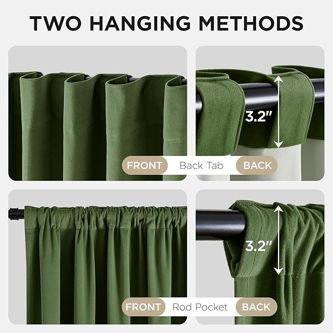 Joydeco Olive Green 100% Blackout Curtains 72 Inch 2 Panels, Luxury Thermal Green Velvet Curtains for Bedroom Living Room, Soundproof Blackout Window Drapes, Rod Pocket & Back Tab (52W x 72L)