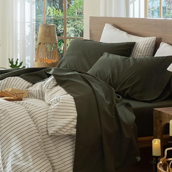 MooMee Bedding Sheet Set 100% Washed Cotton Linen Like Textured Breathable Durable Soft Comfy (Solid Olive Green, Twin)