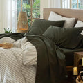 MooMee Bedding Sheet Set 100% Washed Cotton Linen Like Textured Breathable Durable Soft Comfy (Solid Olive Green, Twin)