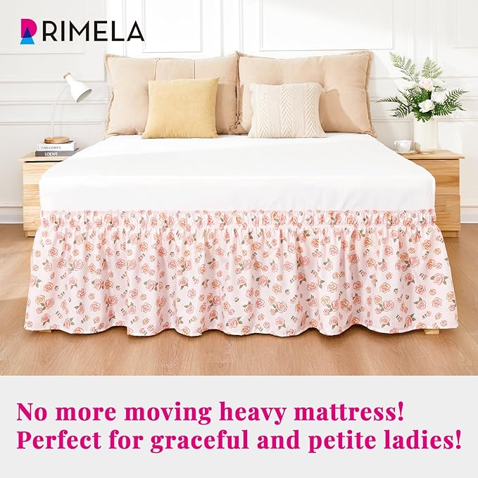 RIMELA Pink Rose Floral Bed Skirt Queen Size 15 Inch Drop, Elastic Bed Skirting for Bed Frame, Bedding Dust Ruffle Easy to Install, Lightweight Wrap Around Adjustable Bedskirt